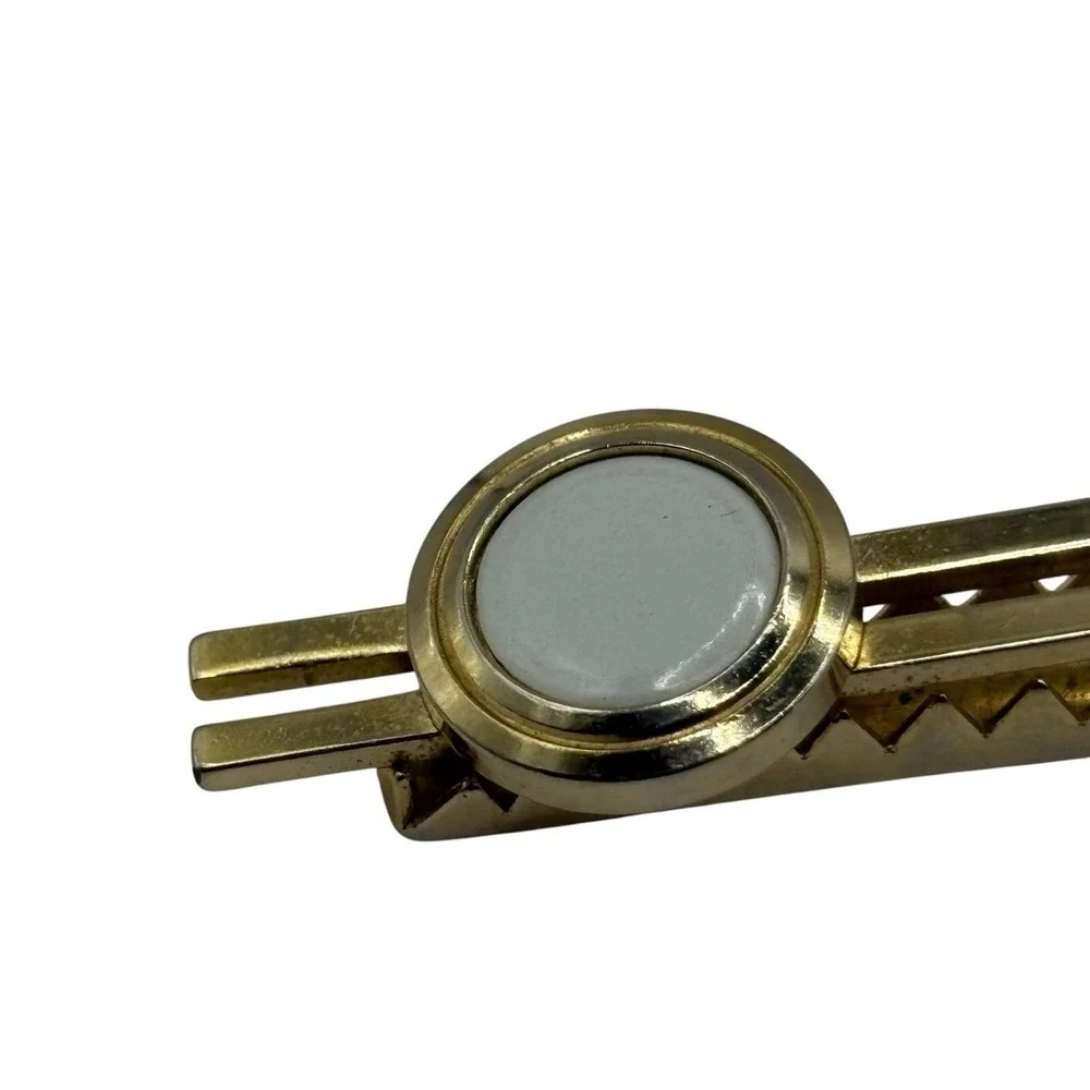Tie Clip Bar Gold Tone White Enamel Round Open Lines Classic VTG Minimalist Mens